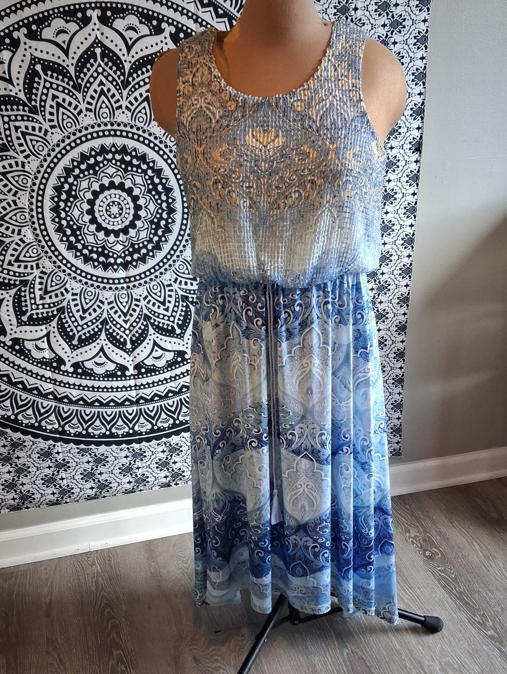 ONE WORLD Blue & White Patterned Sleeveless Maxi Dress